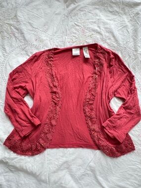 Y2K Beaded Coral Open-Front Lace Trim Cardigan